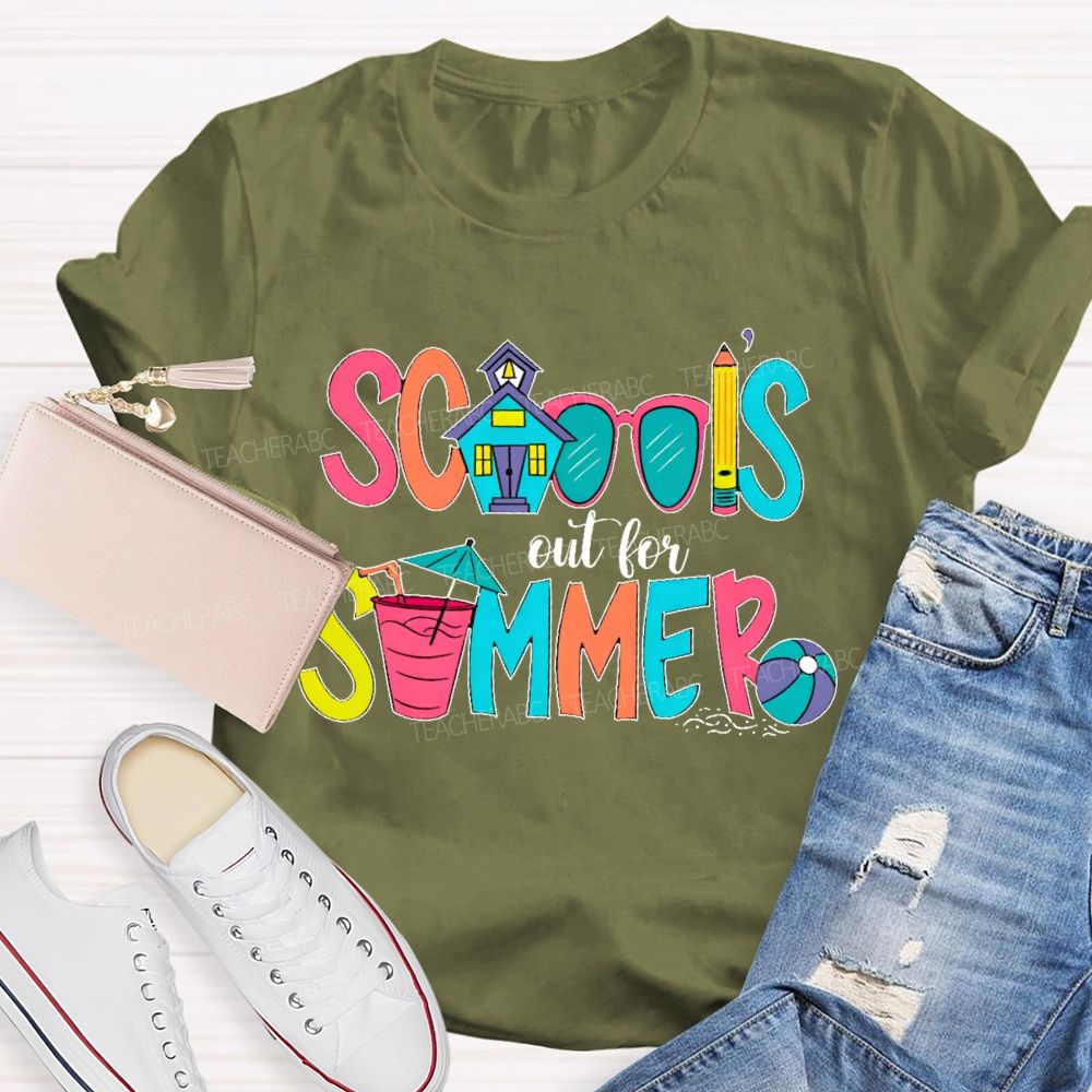 School's Out For Summer  Colorful Letters Shapes  Teacher T-shirt