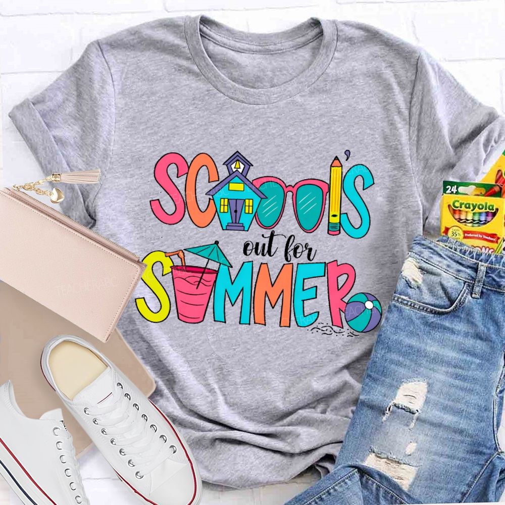 School's Out For Summer  Colorful Letters Shapes  Teacher T-shirt