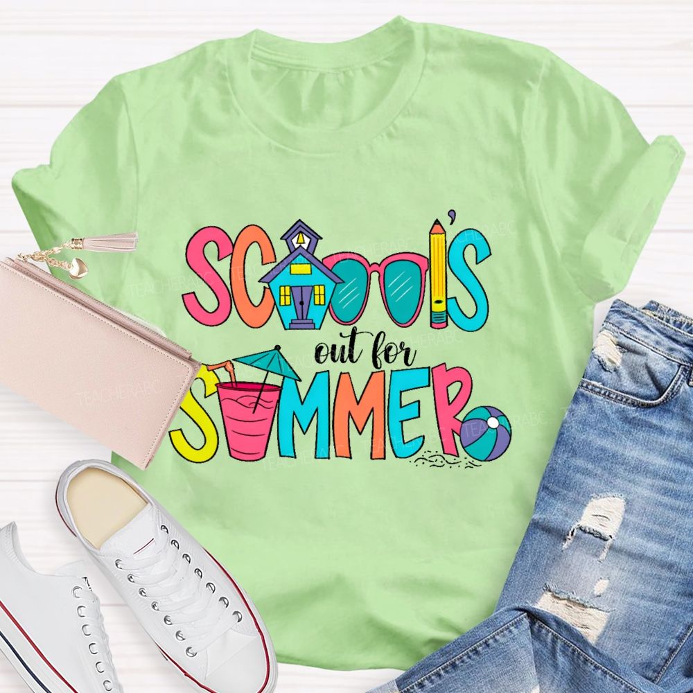 School's Out For Summer  Colorful Letters Shapes  Teacher T-shirt