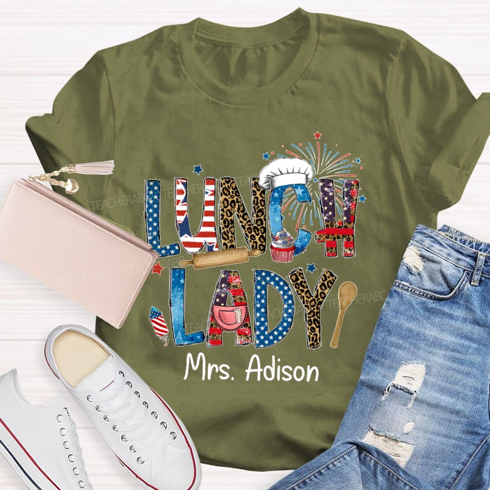Personalized Name Lunch Lady  Flag  Teacher T-shirt