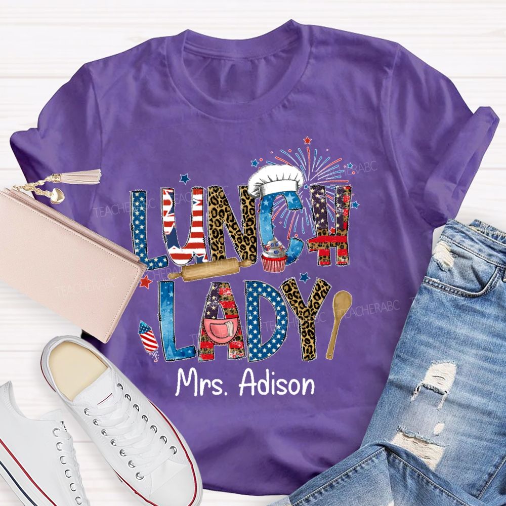 Personalized Name Lunch Lady  Flag  Teacher T-shirt