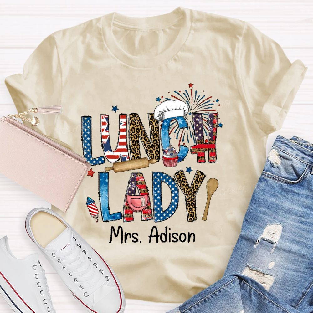 Personalized Name Lunch Lady  Flag  Teacher T-shirt