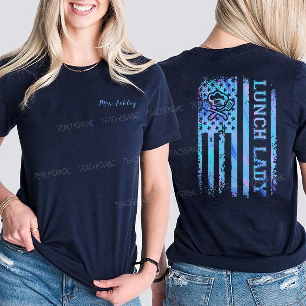 Personalized Name Lunch Lady Flag  Double Printed T-shirt