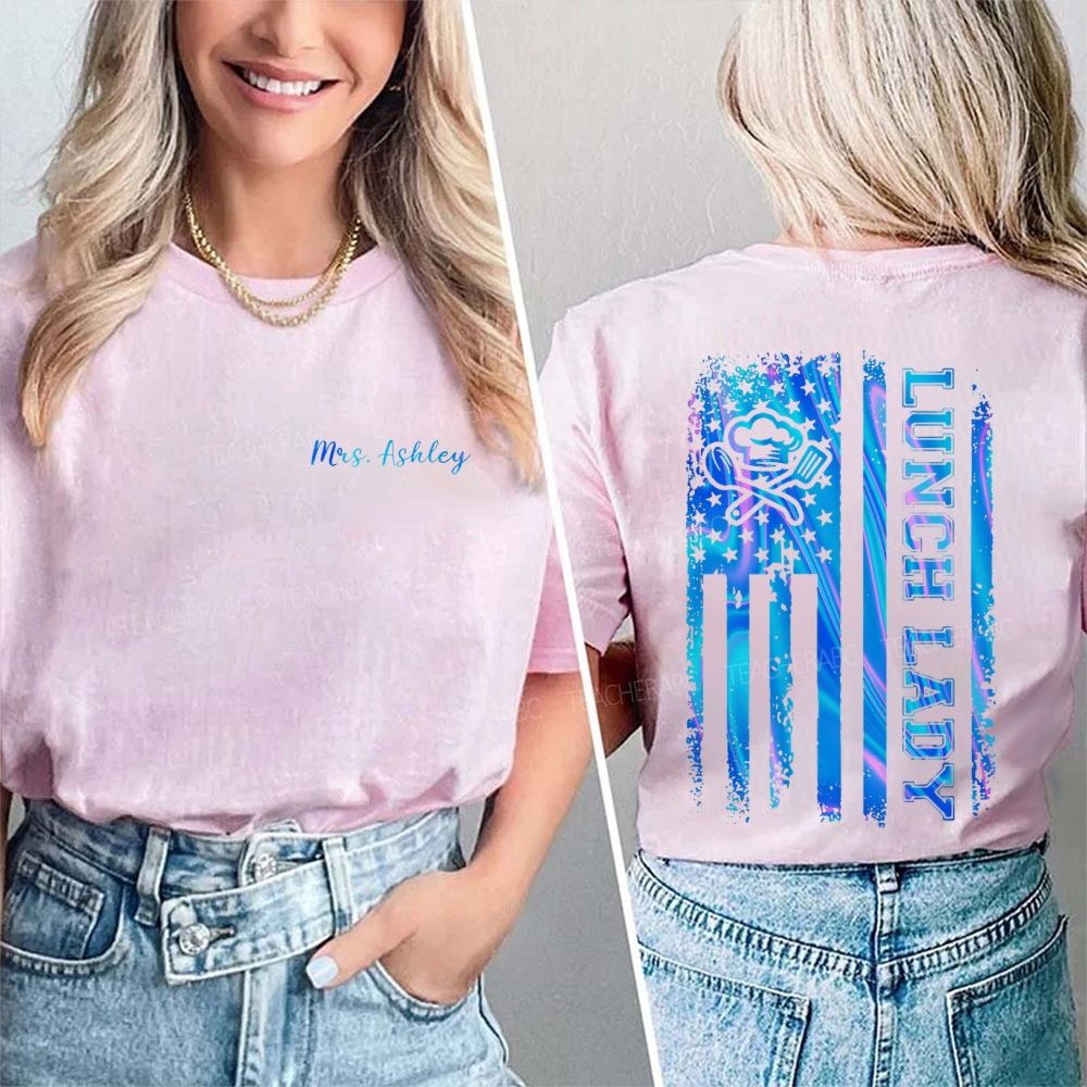 Personalized Name Lunch Lady Flag  Double Printed T-shirt