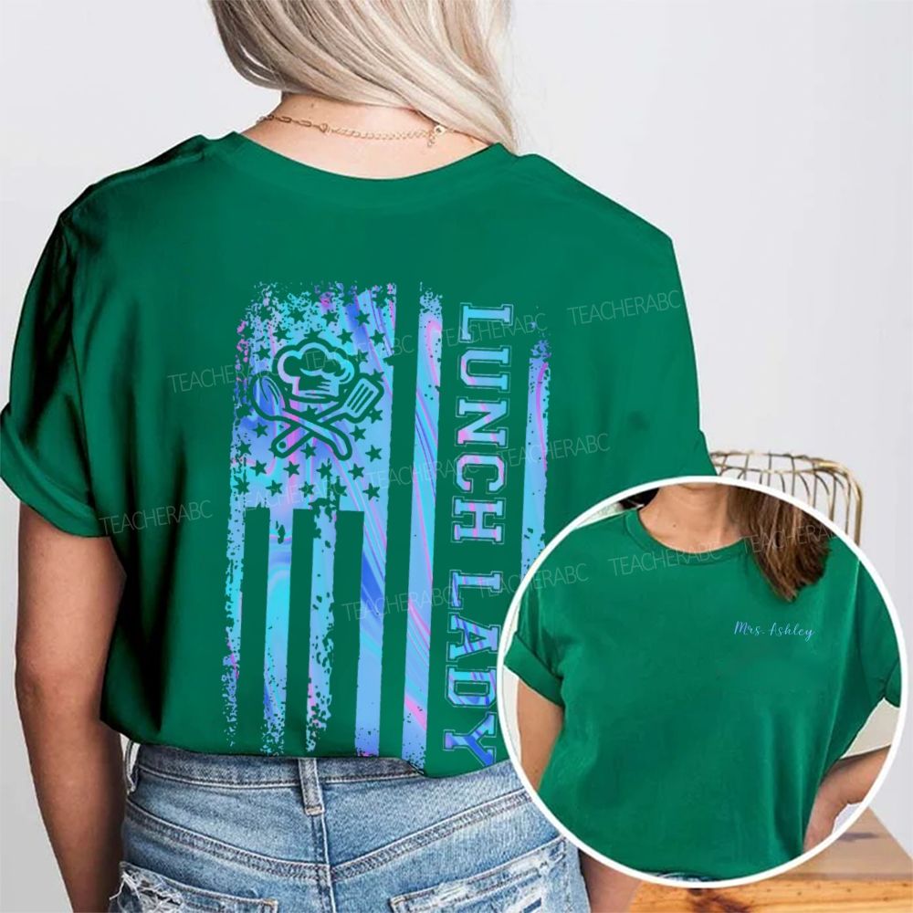 Personalized Name Lunch Lady Flag  Double Printed T-shirt