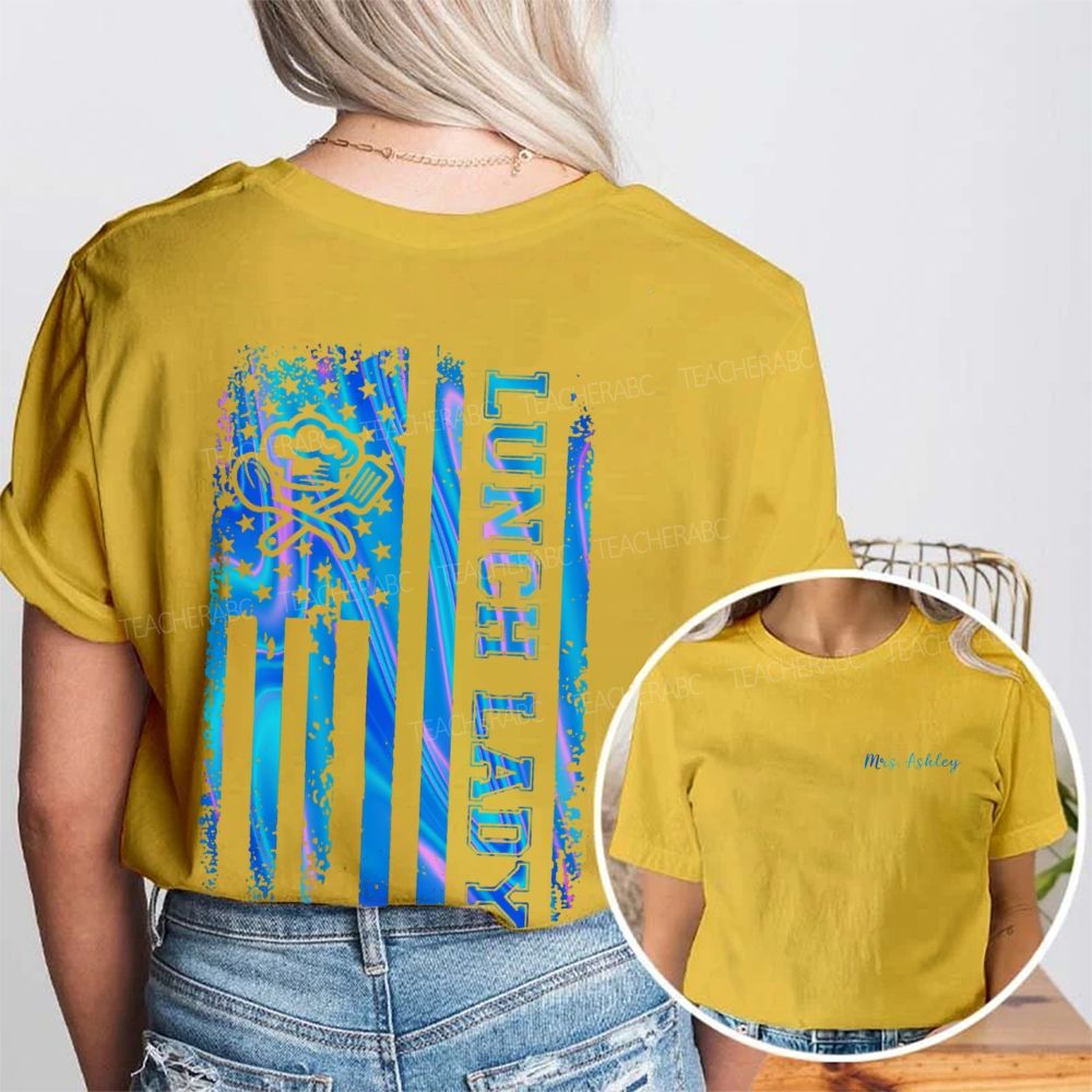 Personalized Name Lunch Lady Flag  Double Printed T-shirt