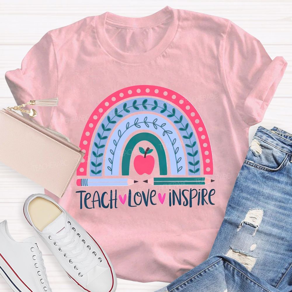 Teach Love Inspire Pink Rainbow Apple Teacher T-shirt