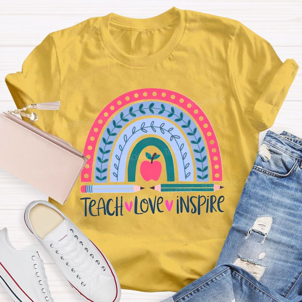 Teach Love Inspire Pink Rainbow Apple Teacher T-shirt