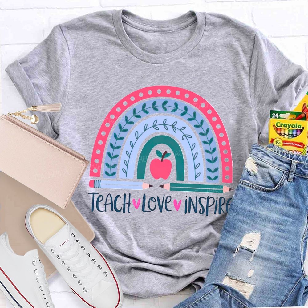 Teach Love Inspire Pink Rainbow Apple Teacher T-shirt