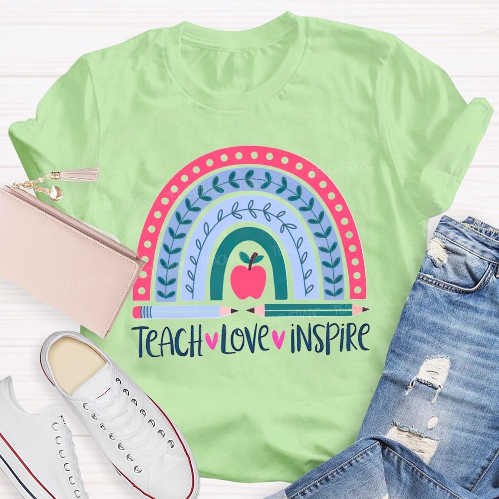 Teach Love Inspire Pink Rainbow Apple Teacher T-shirt