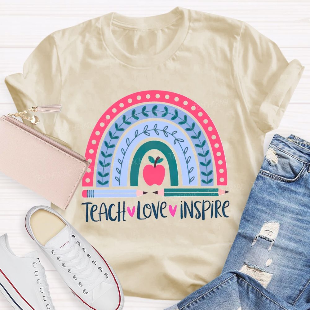 Teach Love Inspire Pink Rainbow Apple Teacher T-shirt