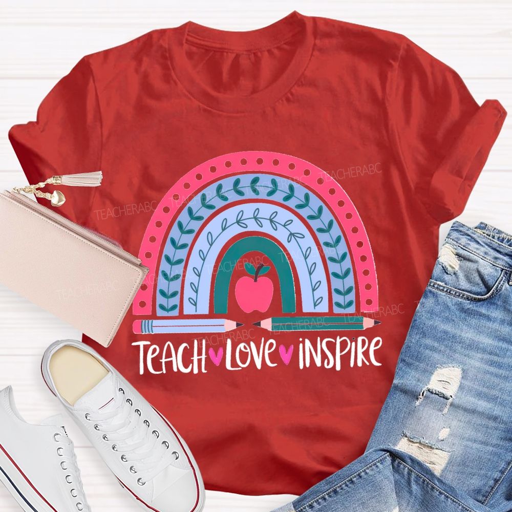 Teach Love Inspire Pink Rainbow Apple Teacher T-shirt