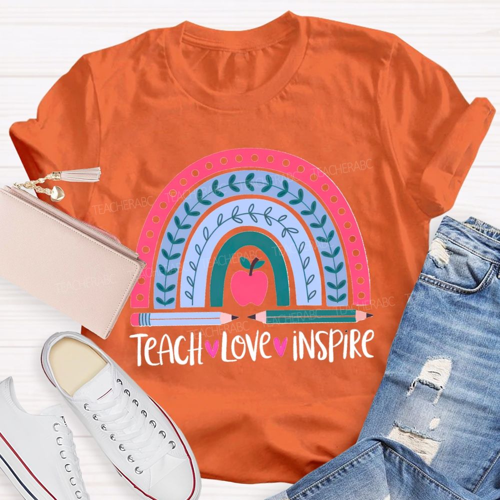 Teach Love Inspire Pink Rainbow Apple Teacher T-shirt
