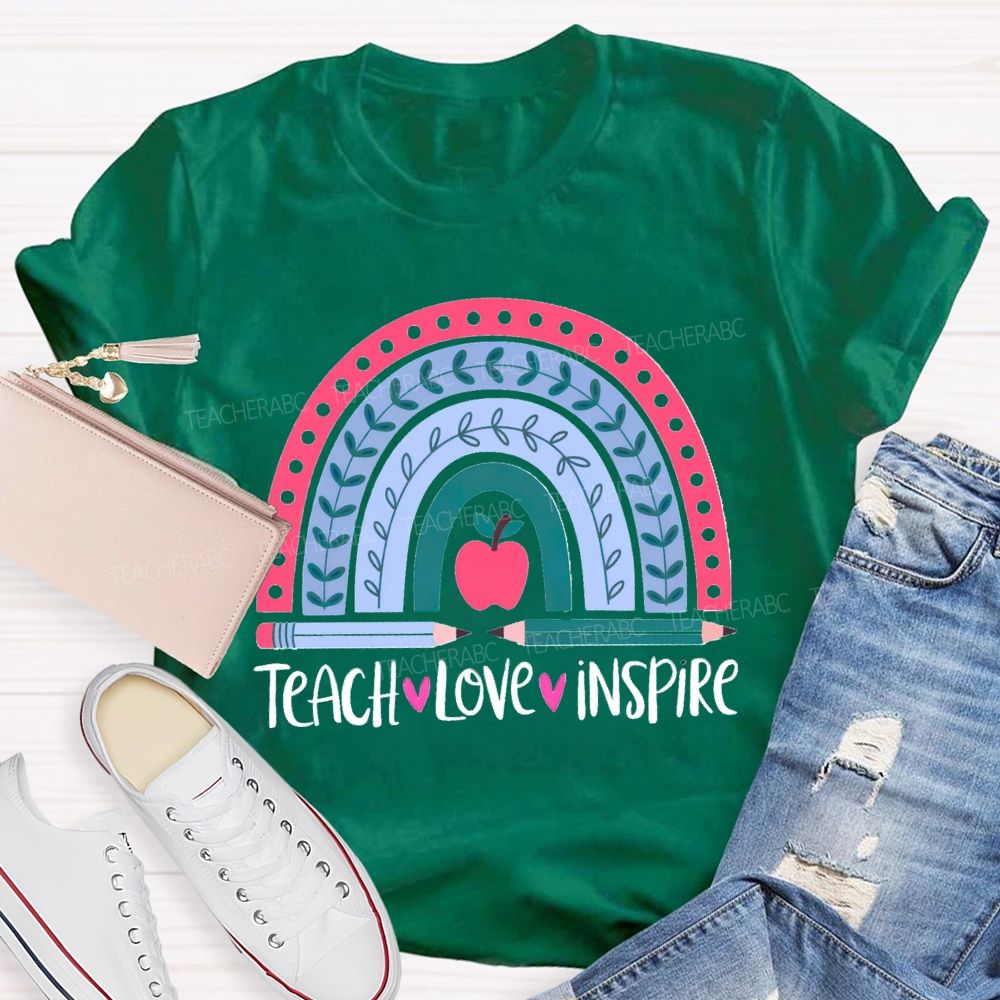 Teach Love Inspire Pink Rainbow Apple Teacher T-shirt