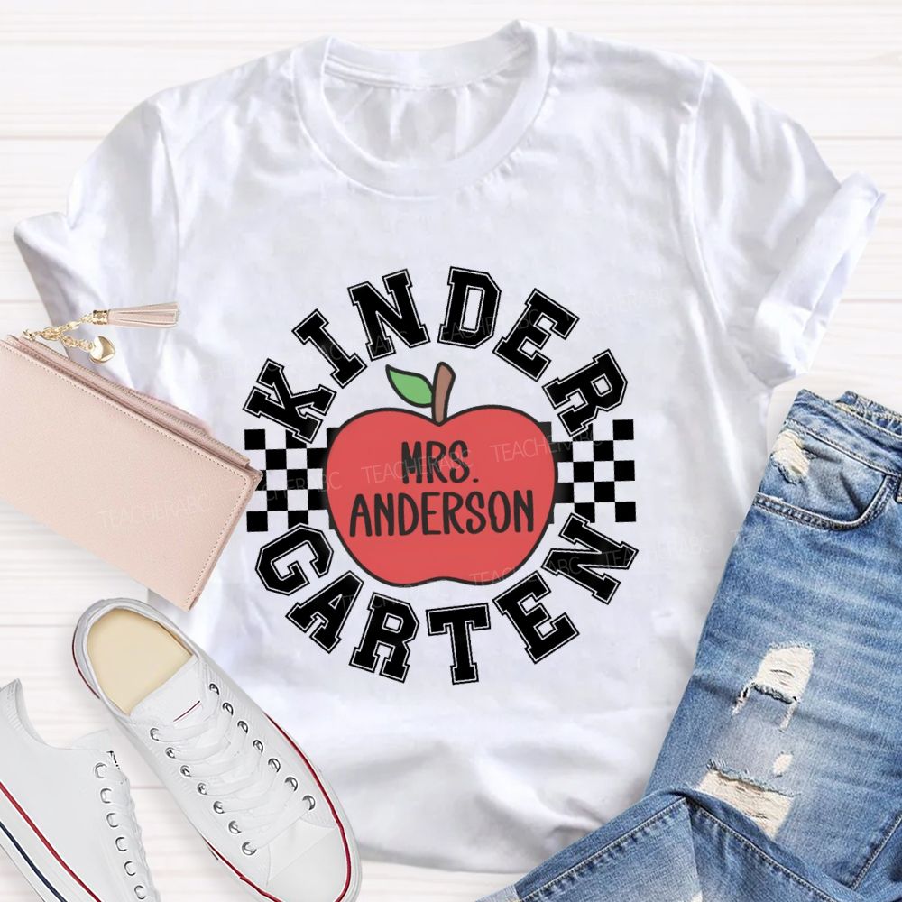 Personalized Grade And Name Red Apple Plaid Teacher T-shirt