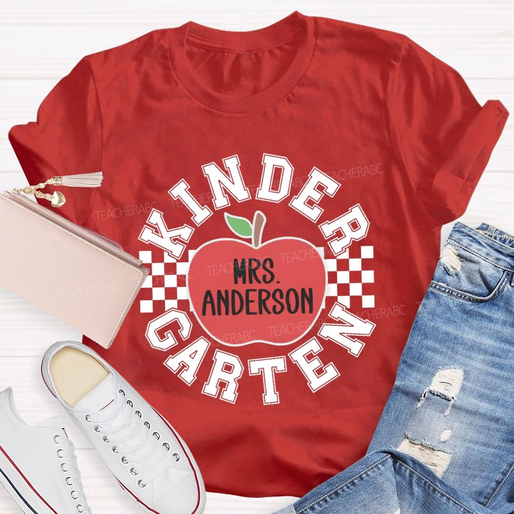 Personalized Grade And Name Red Apple Plaid Teacher T-shirt