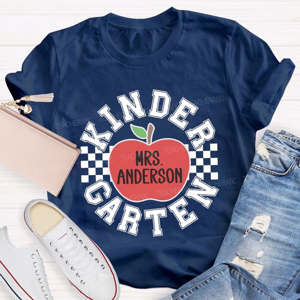 Personalized Grade And Name Red Apple Plaid Teacher T-shirt