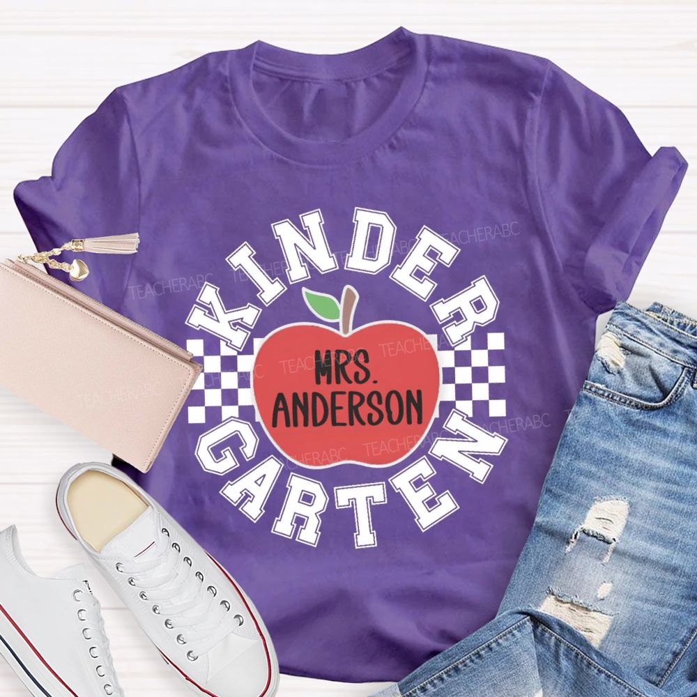 Personalized Grade And Name Red Apple Plaid Teacher T-shirt
