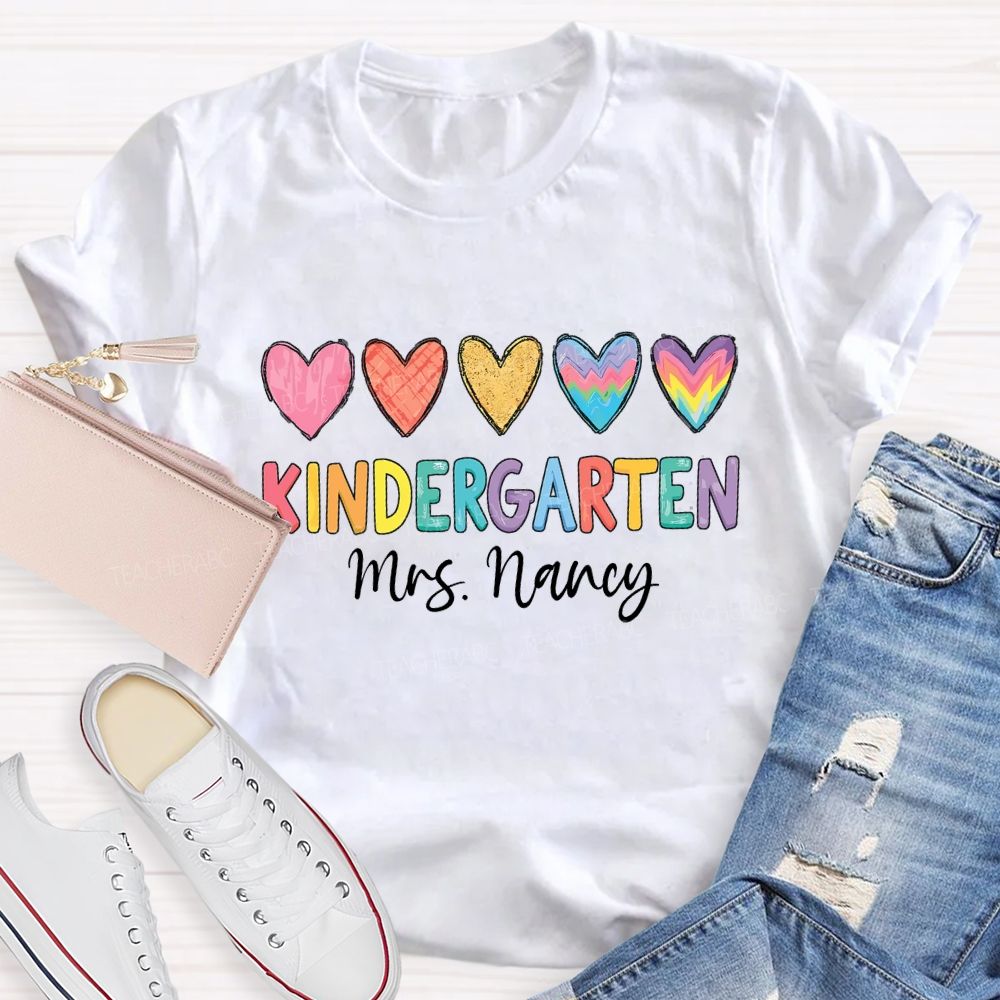 Personalized Grade Colorful Hearts Teacher T-shirt