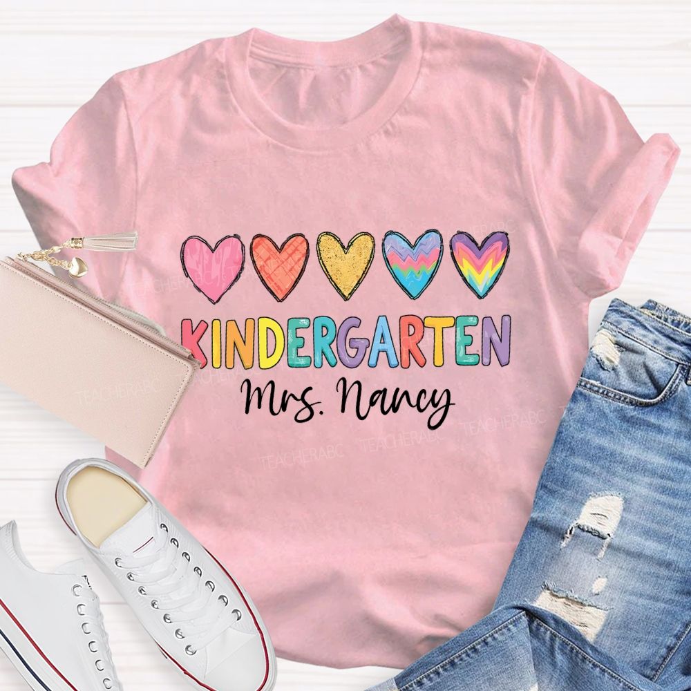 Personalized Grade Colorful Hearts Teacher T-shirt