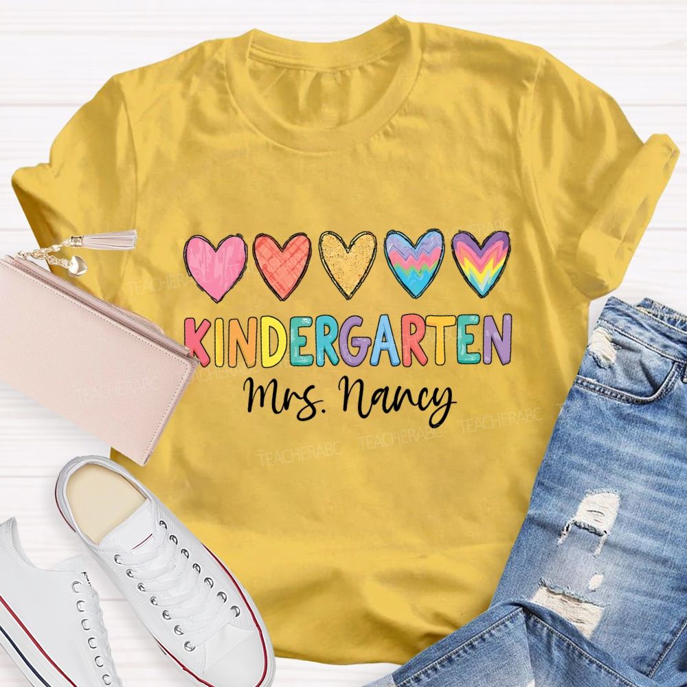Personalized Grade Colorful Hearts Teacher T-shirt