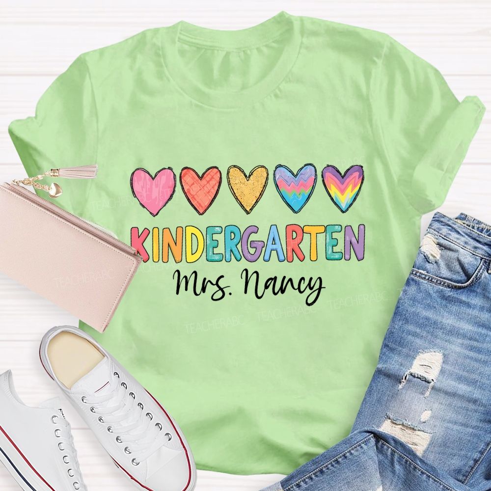 Personalized Grade Colorful Hearts Teacher T-shirt