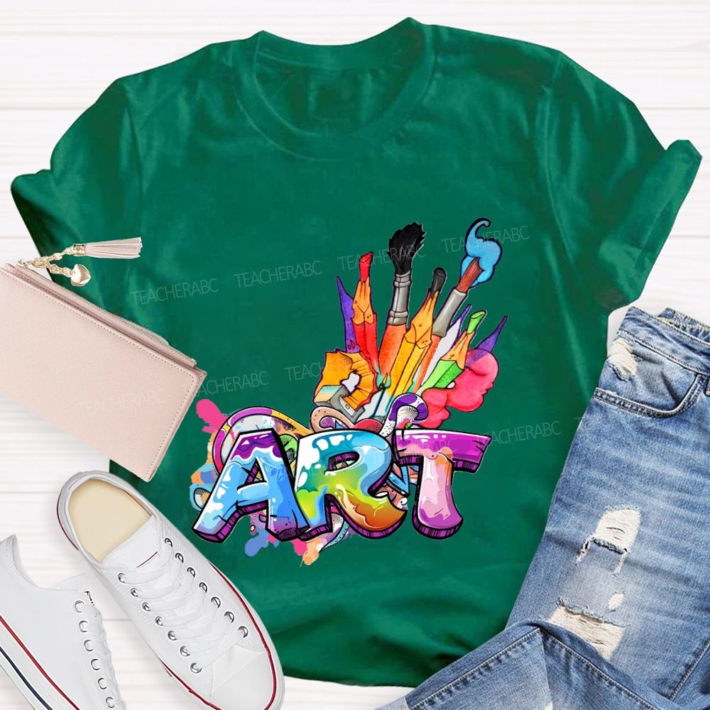 Art Colored Brushes And Fonts Teacher T-shirt