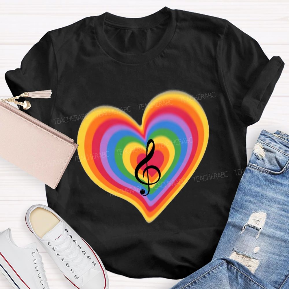 Musical Notes And Colorful Gradient Hearts Teacher T-shirt