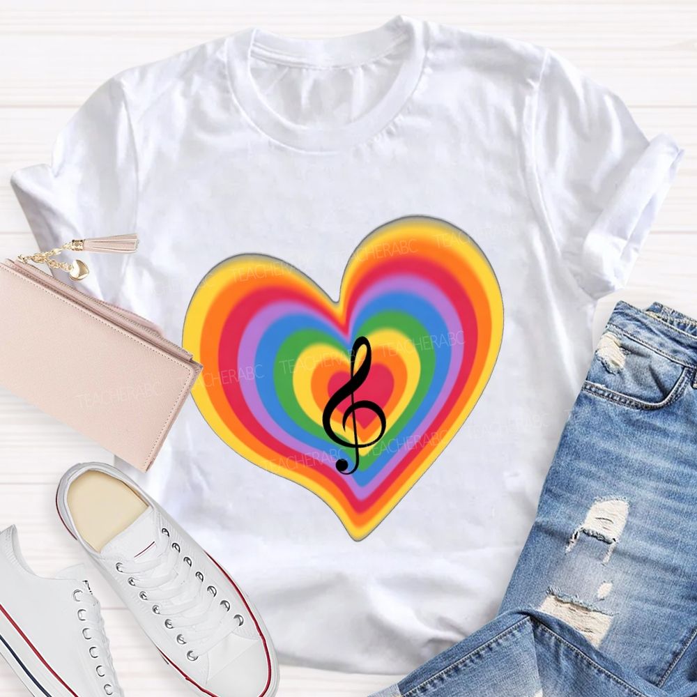 Musical Notes And Colorful Gradient Hearts Teacher T-shirt