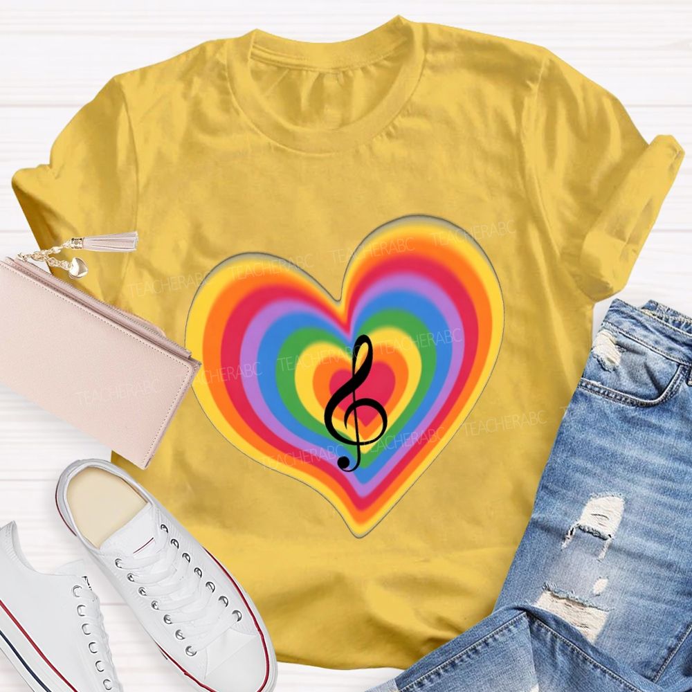 Musical Notes And Colorful Gradient Hearts Teacher T-shirt