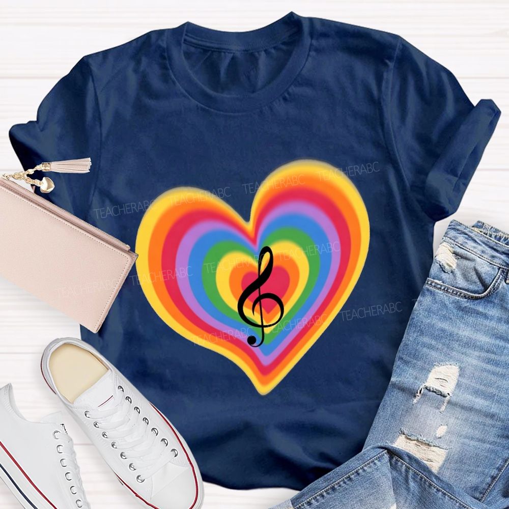 Musical Notes And Colorful Gradient Hearts Teacher T-shirt