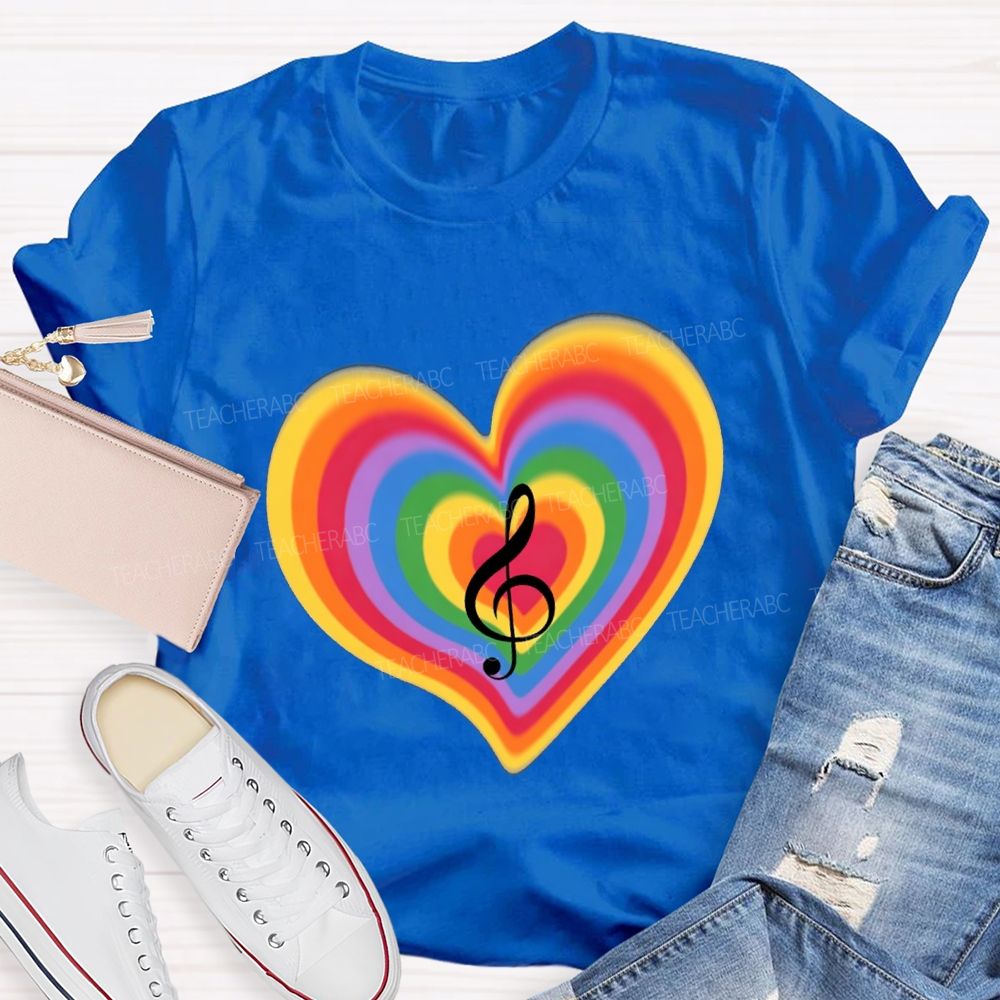 Musical Notes And Colorful Gradient Hearts Teacher T-shirt