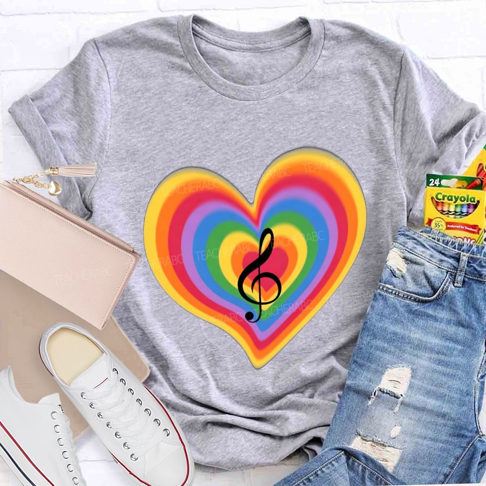 Musical Notes And Colorful Gradient Hearts Teacher T-shirt