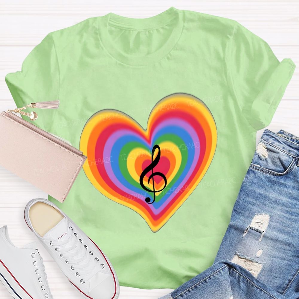 Musical Notes And Colorful Gradient Hearts Teacher T-shirt