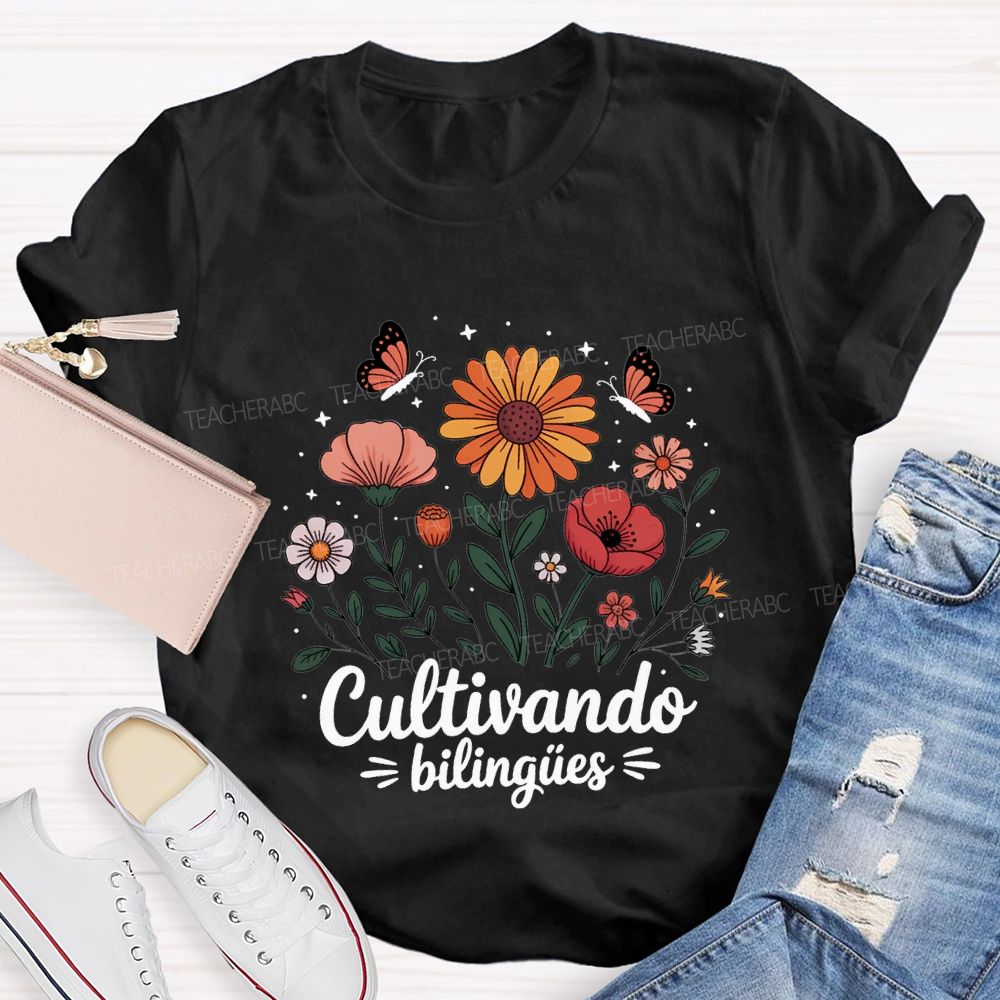 Cultivando BilingüEs Flowers And Butterflies Bilingual Teacher T-shirt
