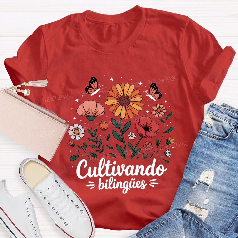 Cultivando BilingüEs Flowers And Butterflies Bilingual Teacher T-shirt