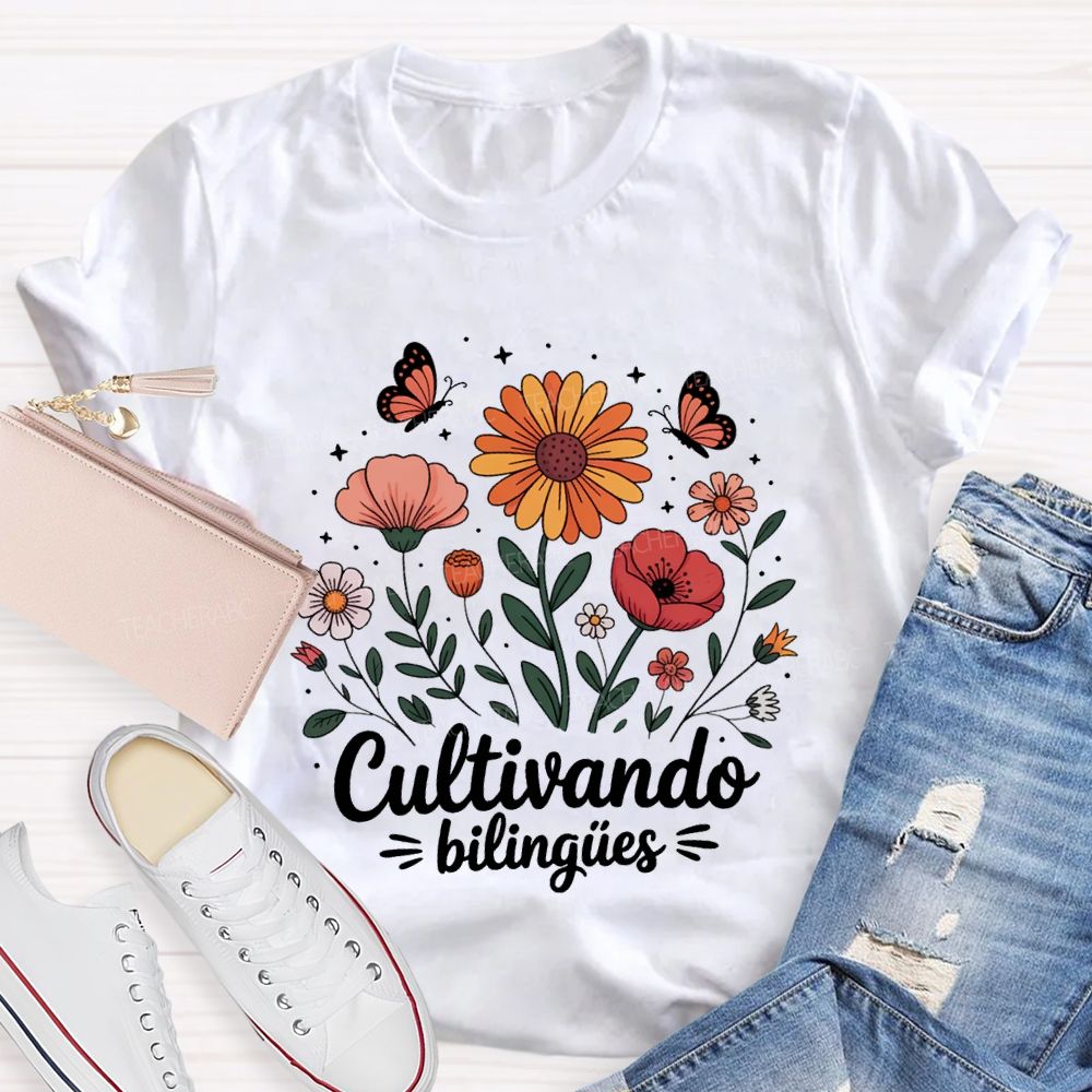Cultivando BilingüEs Flowers And Butterflies Bilingual Teacher T-shirt