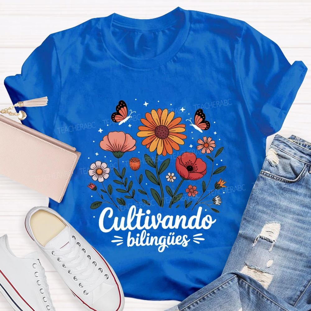 Cultivando BilingüEs Flowers And Butterflies Bilingual Teacher T-shirt