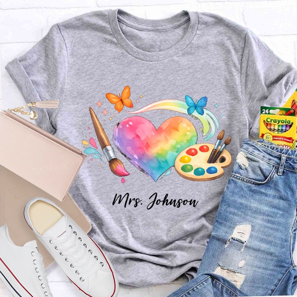 Personalized Name Tie-Dye Hearts And Dyeing Trays Teacher T-shirt