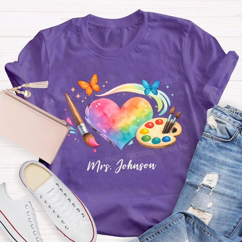 Personalized Name Tie-Dye Hearts And Dyeing Trays Teacher T-shirt