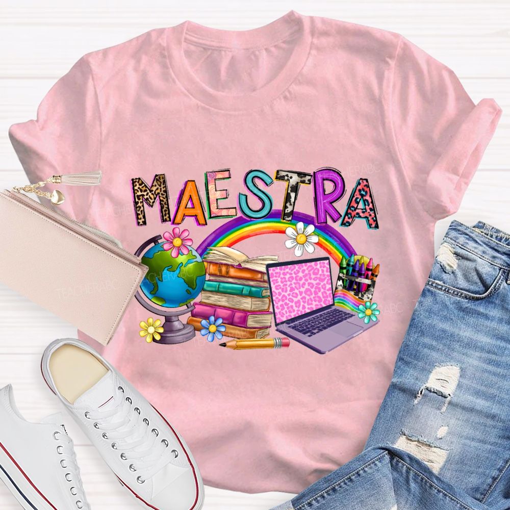 Maestra Rainbow Books And Flowers Teacher T-shirt