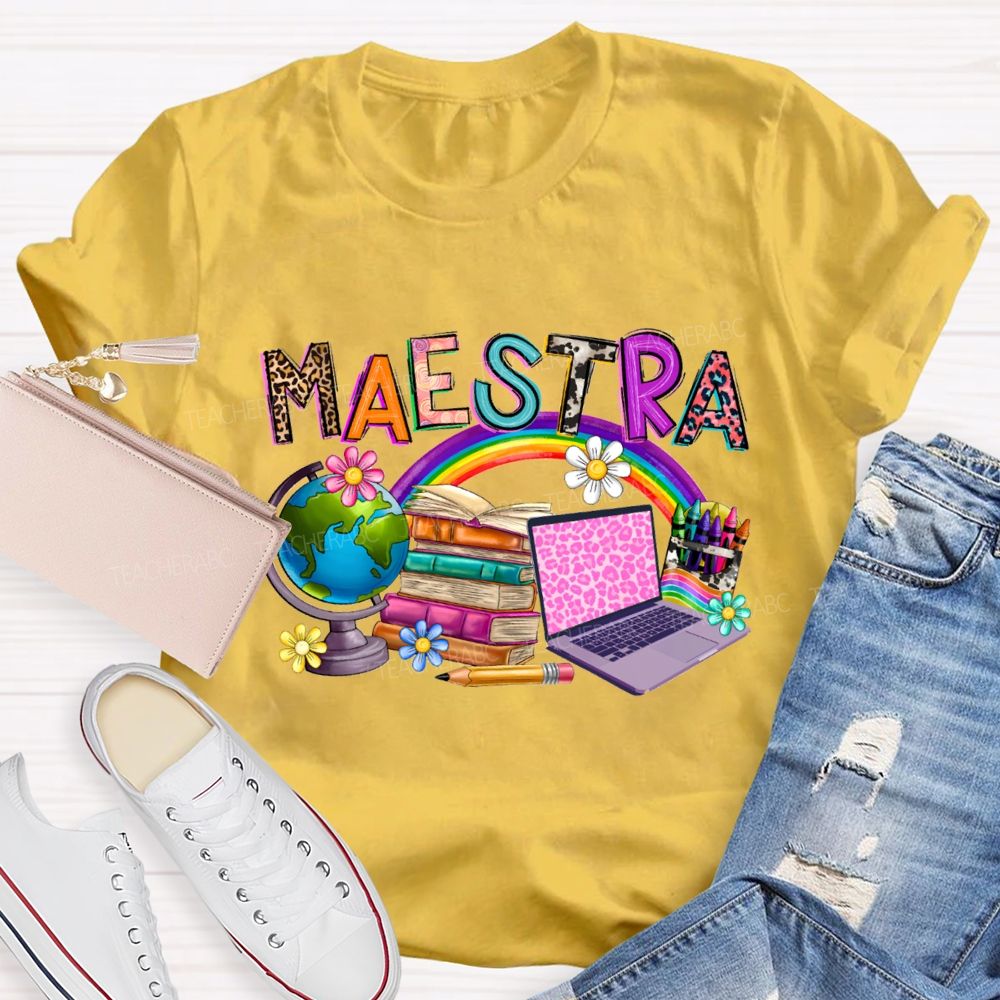 Maestra Rainbow Books And Flowers Teacher T-shirt