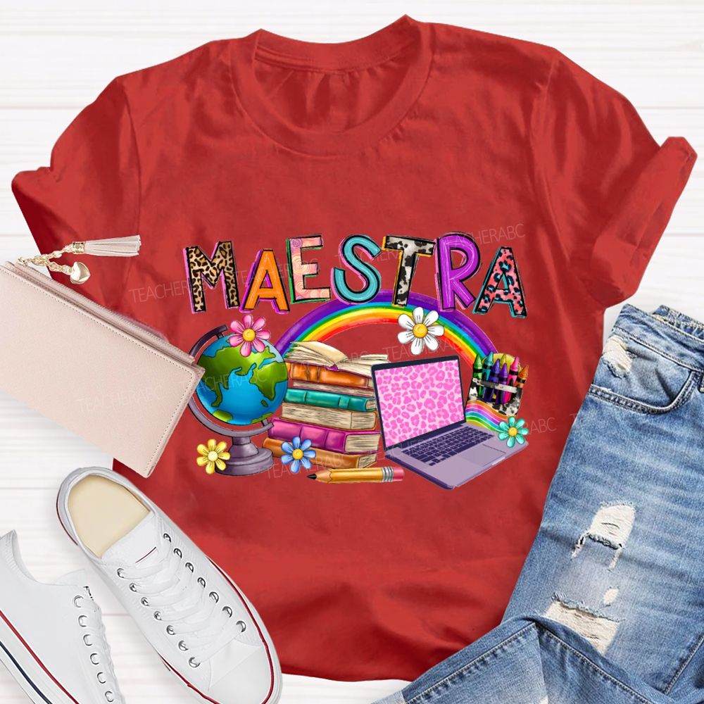 Maestra Rainbow Books And Flowers Teacher T-shirt
