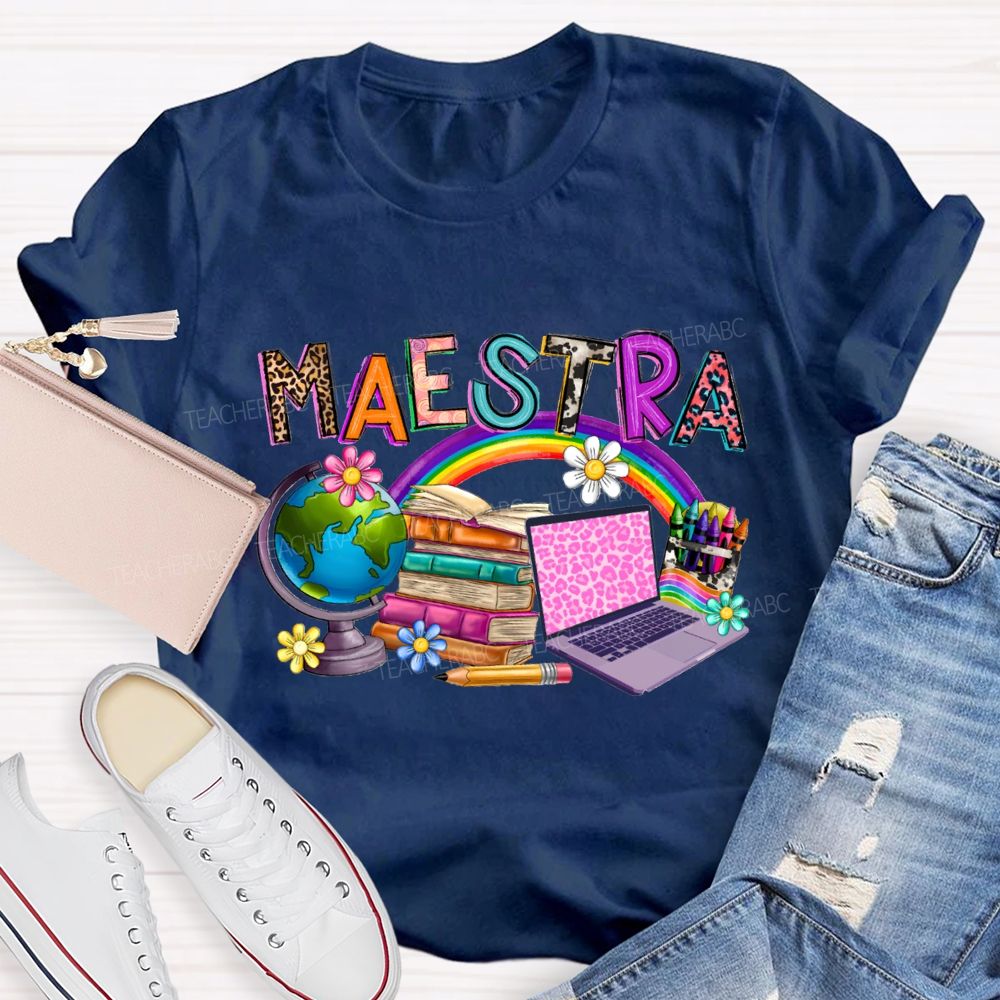 Maestra Rainbow Books And Flowers Teacher T-shirt