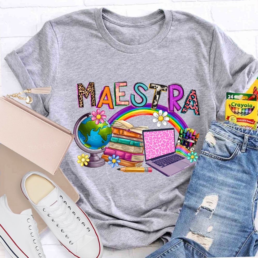Maestra Rainbow Books And Flowers Teacher T-shirt