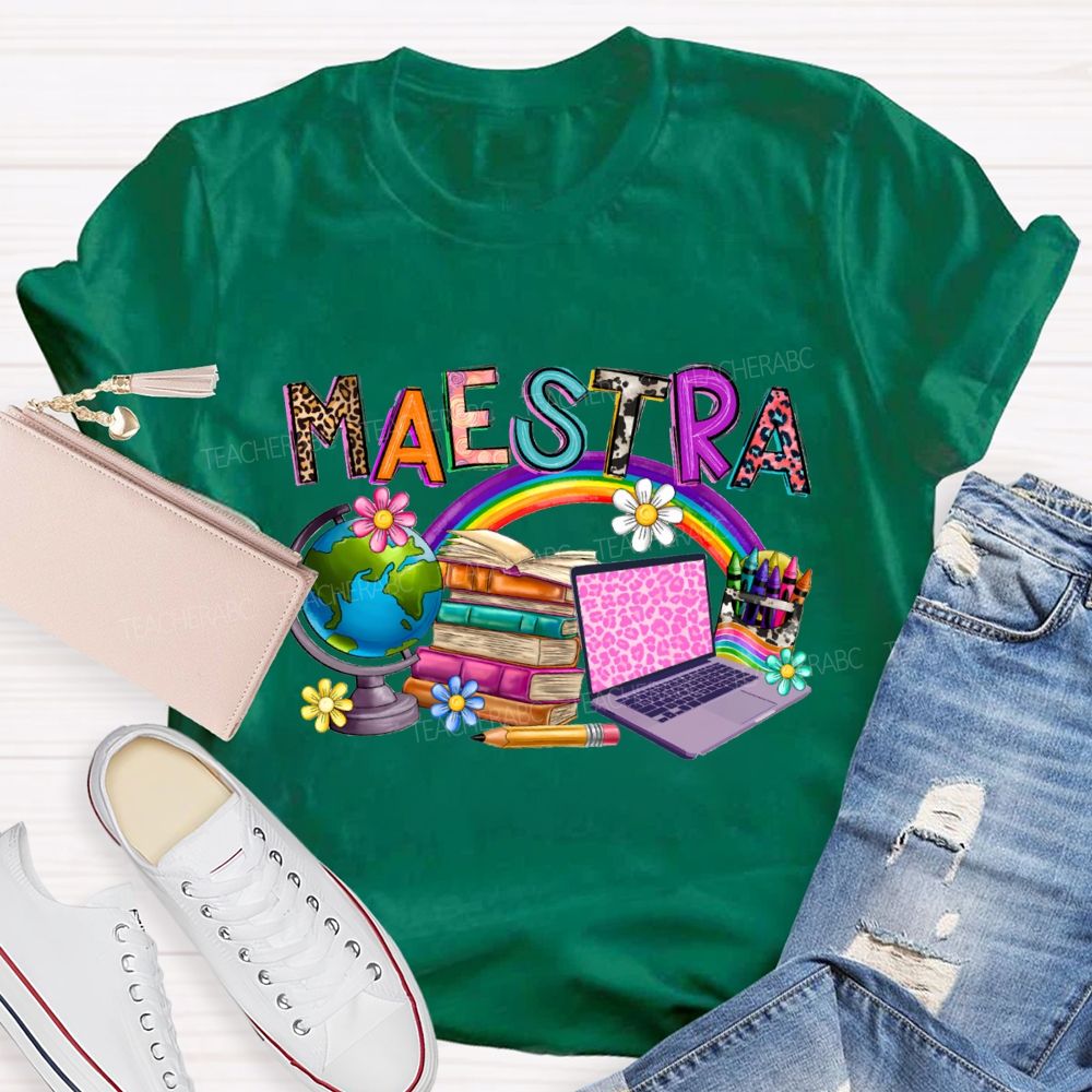 Maestra Rainbow Books And Flowers Teacher T-shirt