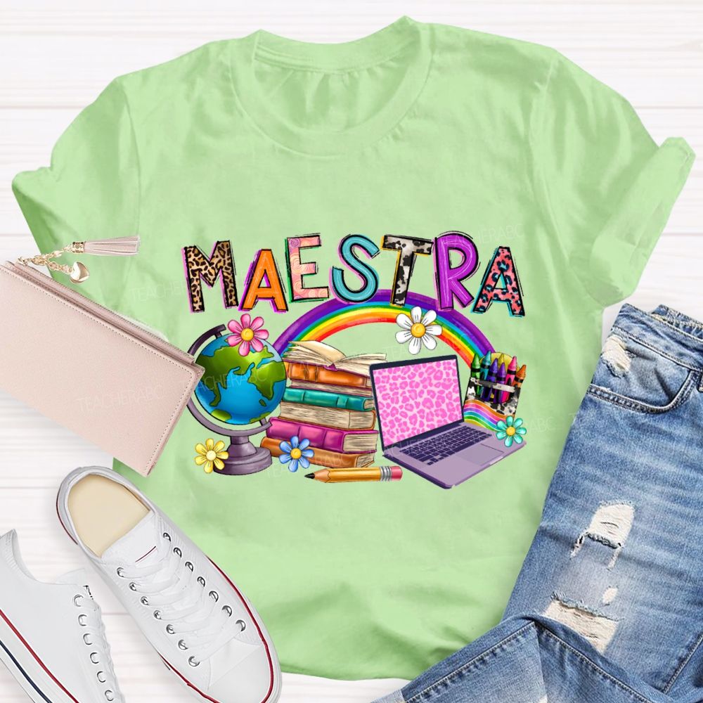 Maestra Rainbow Books And Flowers Teacher T-shirt