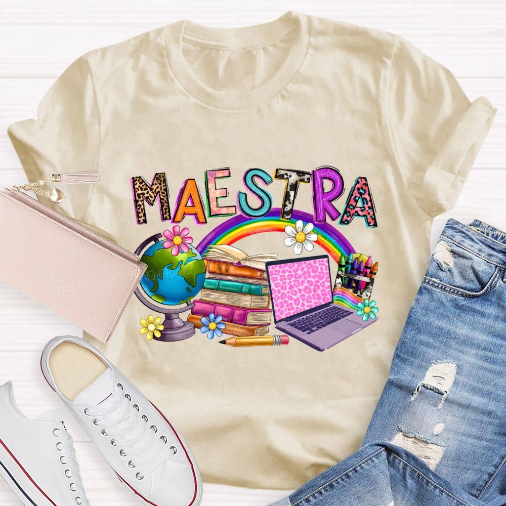 Maestra Rainbow Books And Flowers Teacher T-shirt