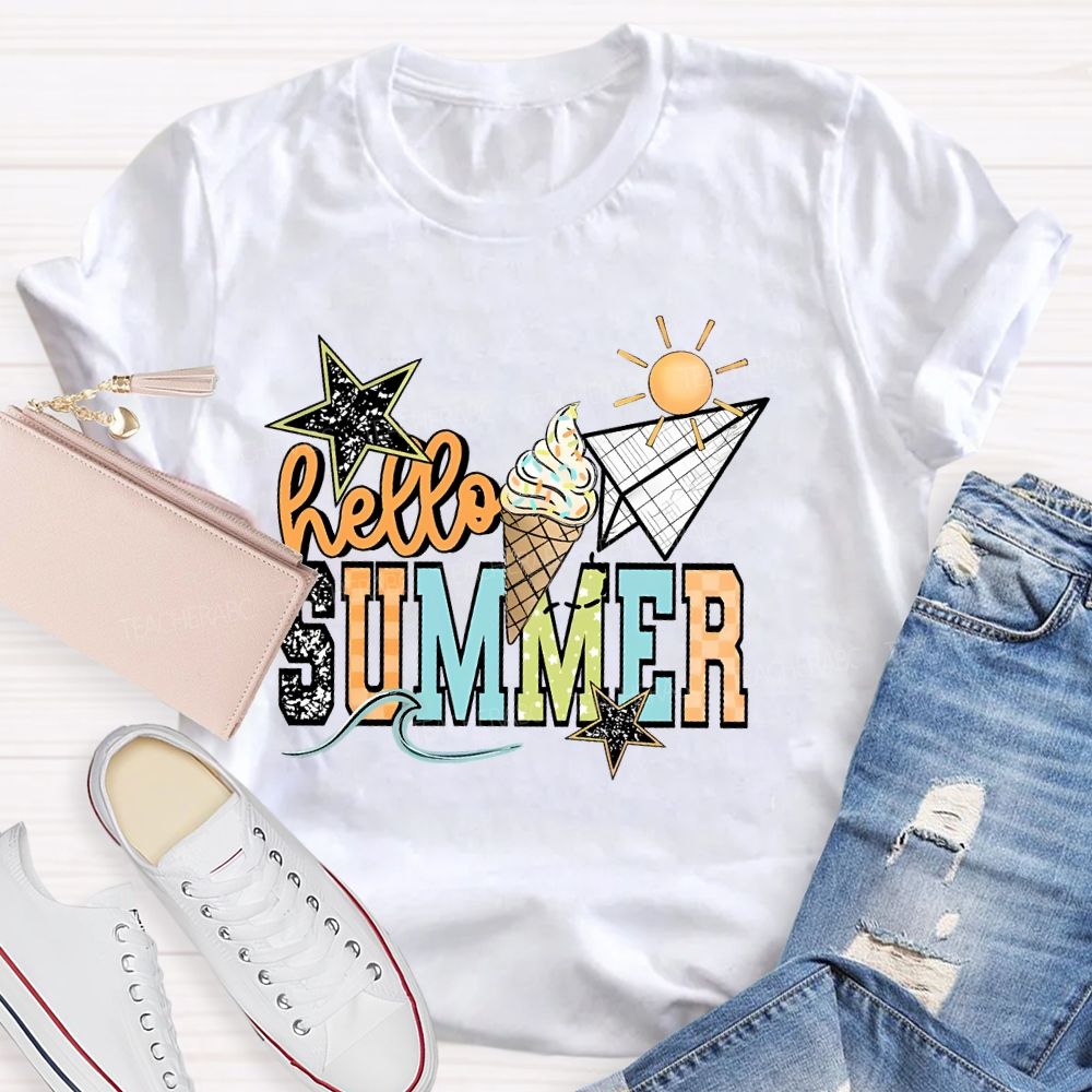 Hello Summer   Stars Shapes  Teacher T-shirt