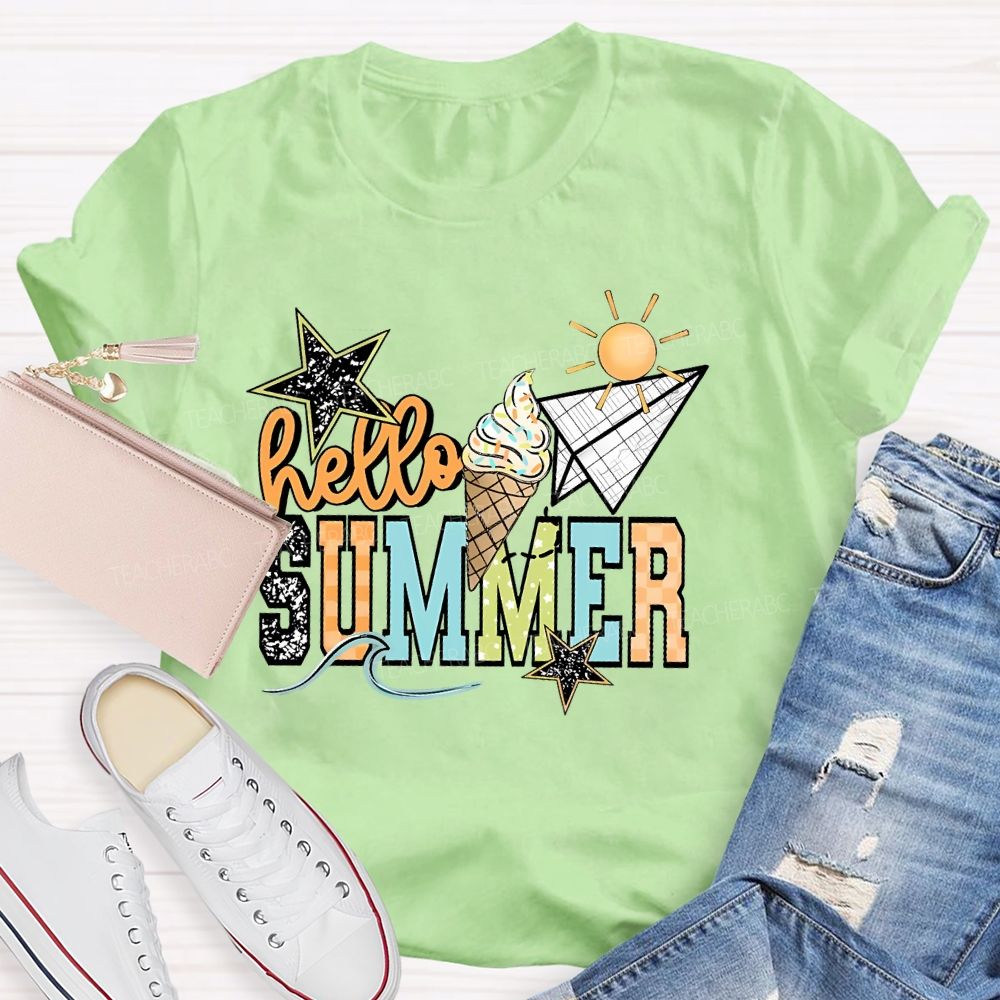 Hello Summer   Stars Shapes  Teacher T-shirt